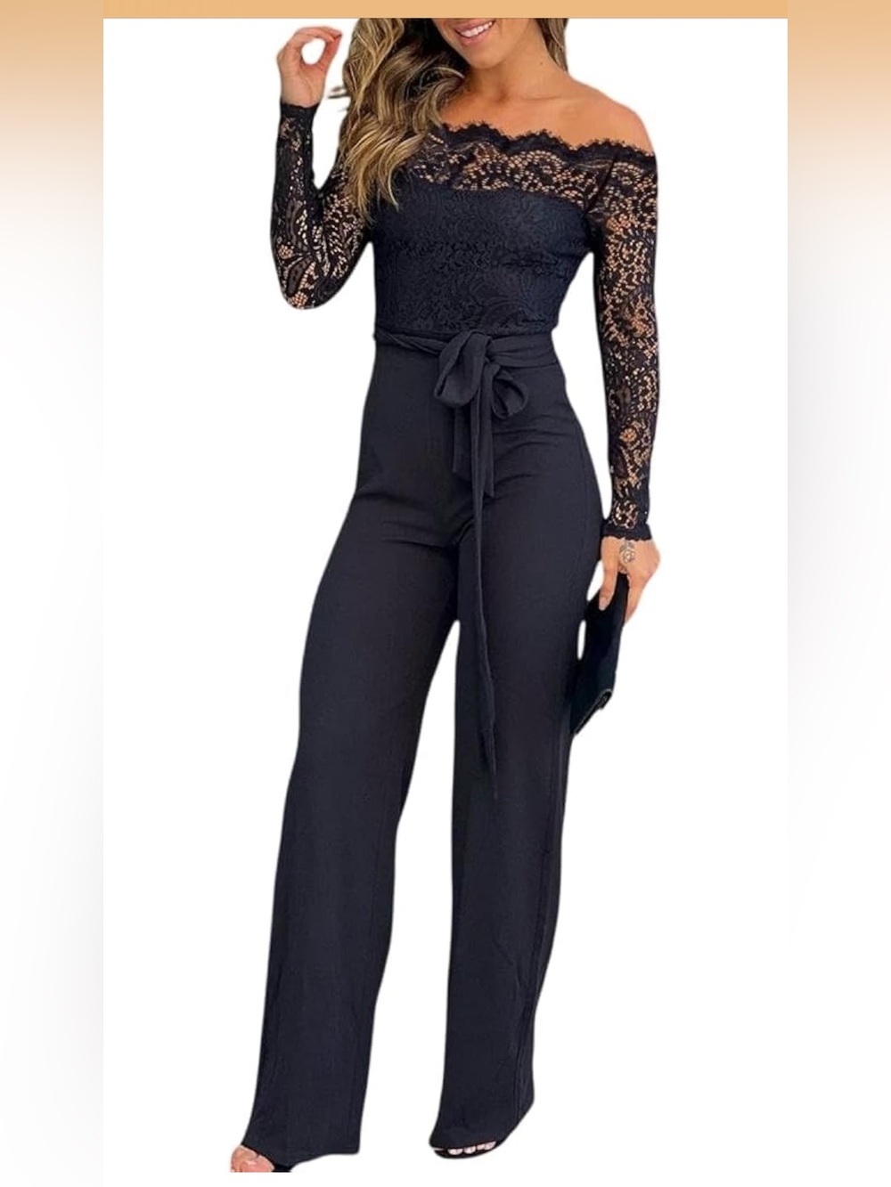 Off Shoulder Long Sleeve Black Jumpsuit Floral Embroidery Lace Overalls S
